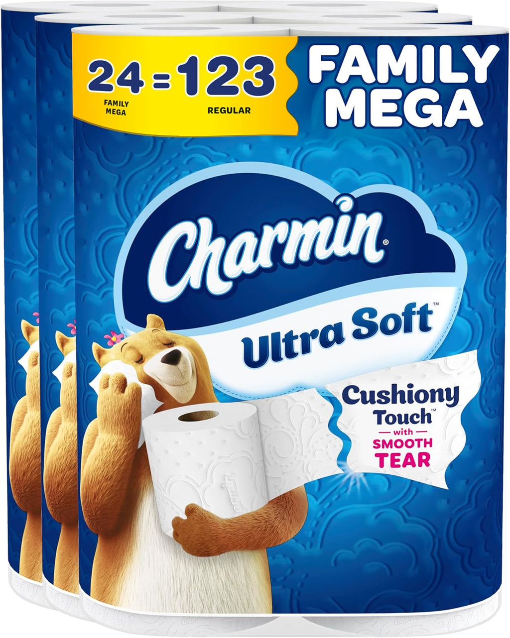 Ultra Soft Cushiony Touch Toilet Paper, 24 Family Mega Rolls = 123 Regular Rolls