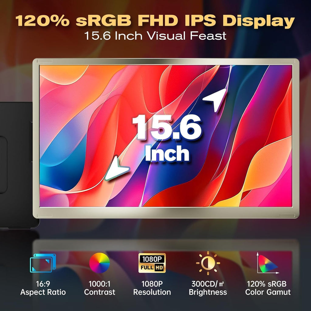 15.6" Laptop Screen Extender | Portable Monitor for 13-17” Mac/Windows Laptops | 120% Srgb FHD, Metal Stand, 235° Rotation, Ideal for Hybrid Work