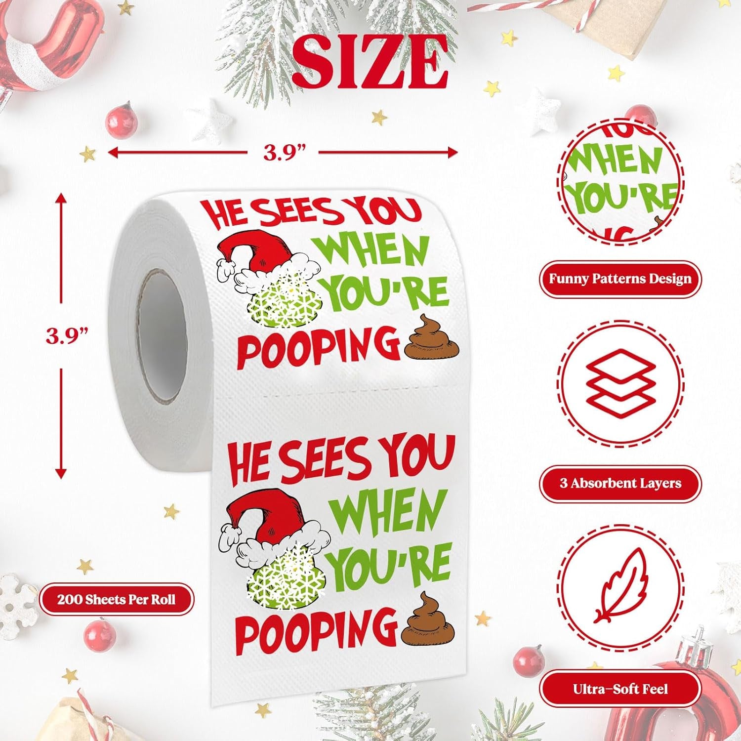 Funny Christmas Toilet Papers, Christmas Bathroom Decorations, 200 Sheets Holiday Toilet Papers, Novelty White Elephant Gag Gifts Stocking Stuffers Party Decor Supplies